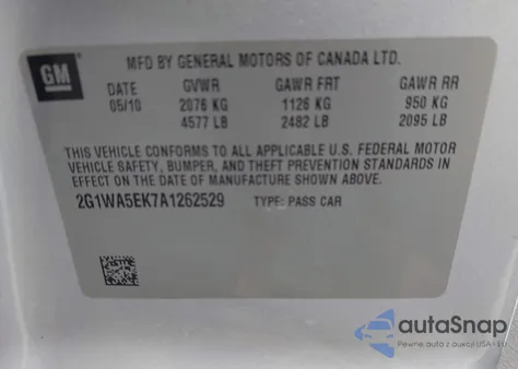 2010 Chevrolet Impala Ls z USA, uszkodzony, nr VIN 2G1WA5EK7A1262529